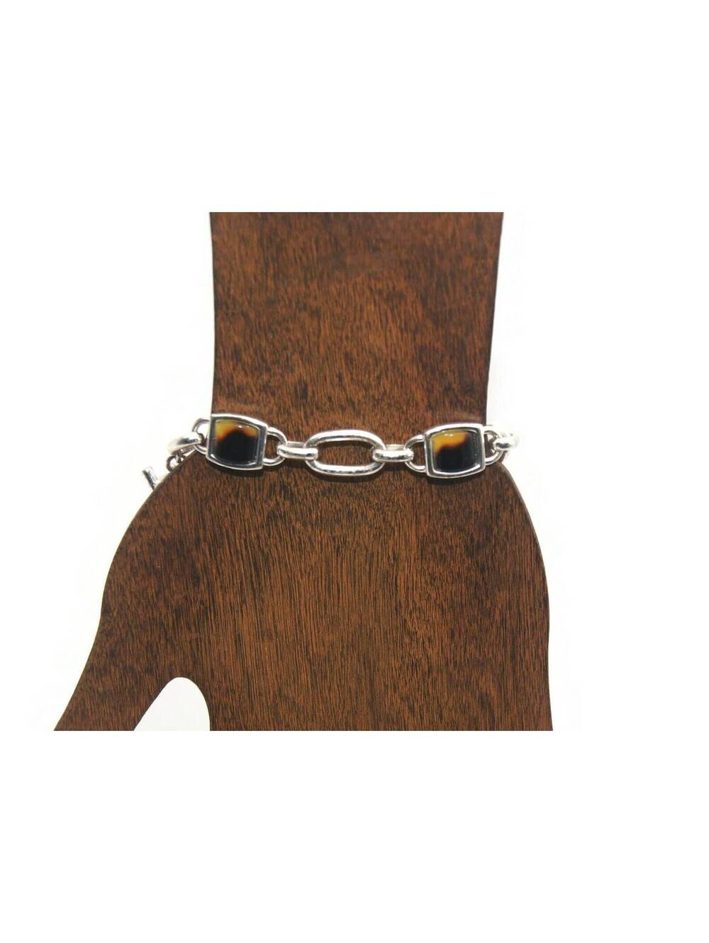 Vintage Silver Tone and Faux Tiger Eye 7 Inch Link Bracelet with Toggle Clasp.